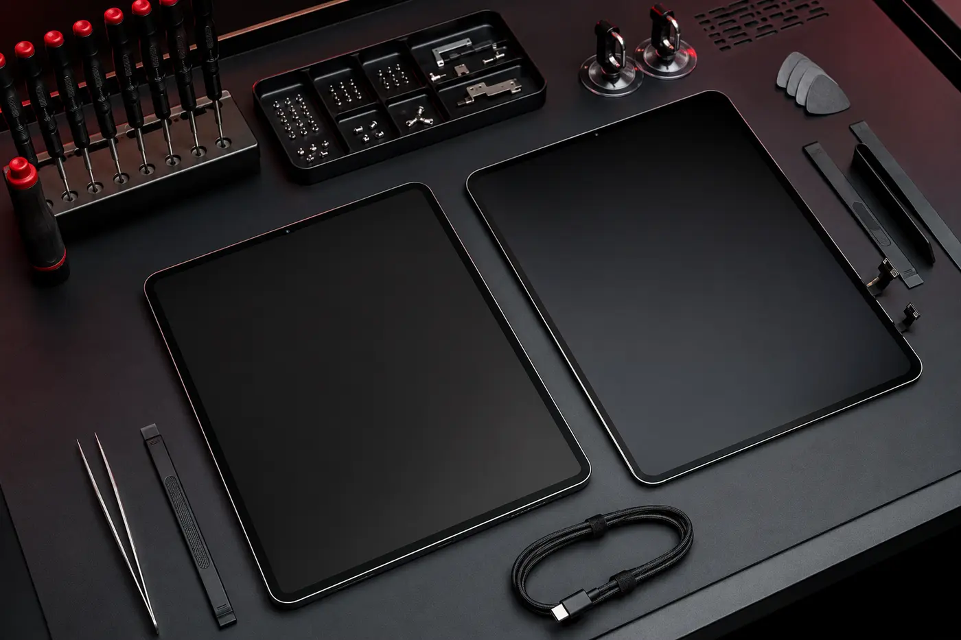 Current iPad and tablet repair setup on a clean workbench