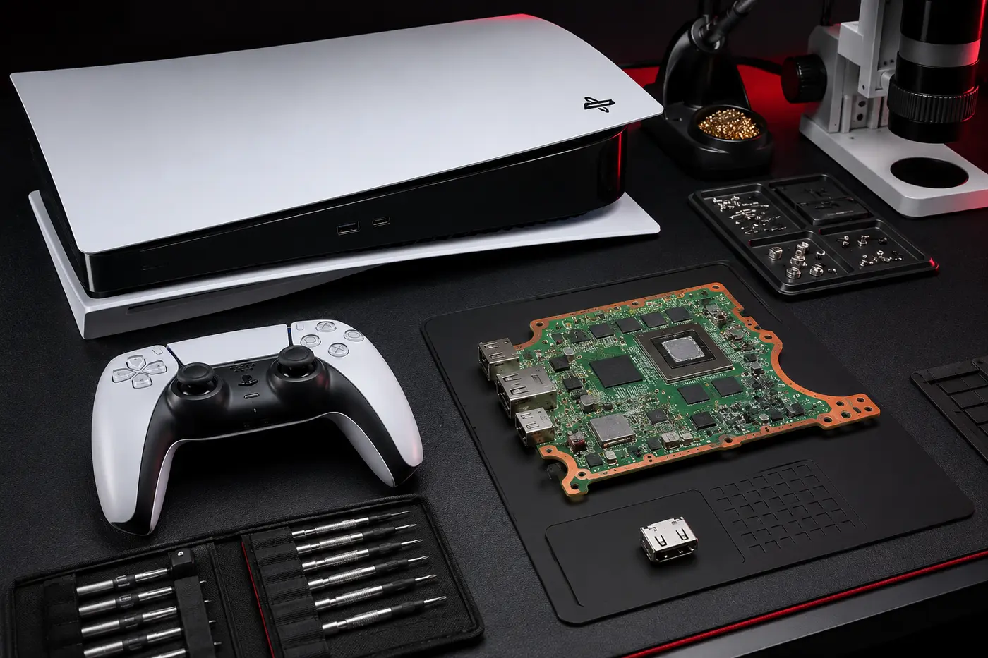 PlayStation 5 HDMI repair setup on an electronics workbench